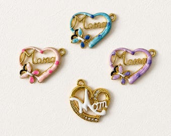 Mama Mom Heart Charm, 18K Gold Plated Stainless Steel Enamel Pendant, Mother's Day Gift, DIY Necklace Bracelet Charm