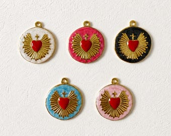 Sacred Heart Charm, 18K Gold Plated Stainless Steel Enamel Pendant, Religious Heart Medallion for Necklace Jewelry Making