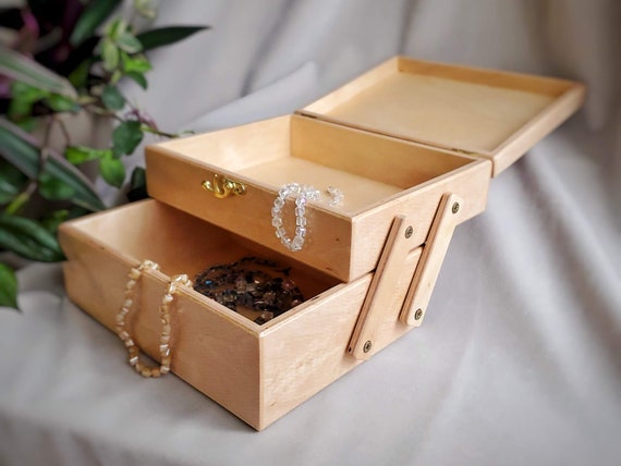Scatola da cucito con coperchio scorrevole con cassetto, organizer per  ricamo, portagioielli in legno, scatola portaoggetti in legno -  Italia