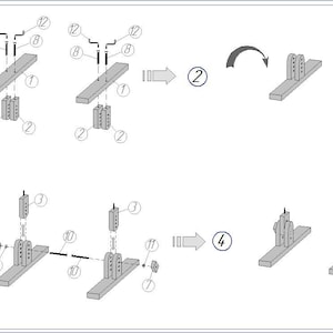 Op de afbeelding: Diagram dat de stappen laat zien om een ​​paar metalen boekenleggers in elkaar te zetten. De boekenleggers zijn gemaakt van twee metalen delen die met een scharnier aan elkaar zijn bevestigd. Het diagram toont de boekenleggers in verschillende posities terwijl ze in elkaar worden gezet.