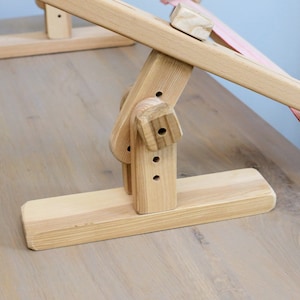 Wooden Tabletop embroidery lap stand for slate frame that adjustably changes the slope. Free Standing hoop embroider sitting