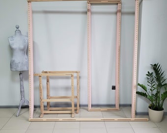 Tambour Embroidery frame 78" (2m) with two pairs of sides at 78" (2m) and 24" (60cm) trestle stand floor. Professional embroidery supplies