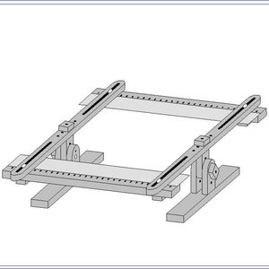 Op de afbeelding: Een zwart-witte lijntekening van een houten frame met twee schuifregels. Het frame wordt ondersteund door twee houten poten.