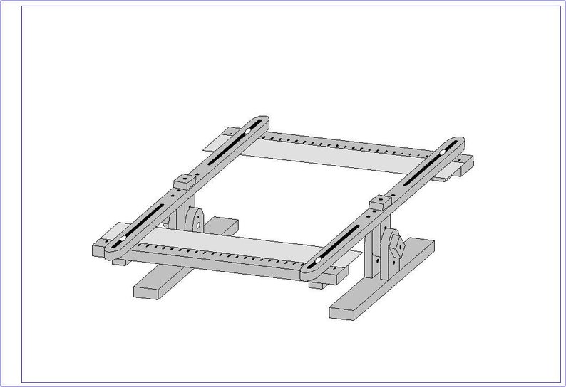 Op de afbeelding: Een zwart-witte lijntekening van een houten frame met twee schuifregels. Het frame wordt ondersteund door twee houten poten.