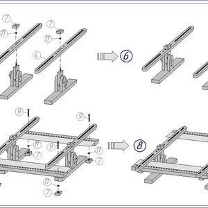 Op de afbeelding: Een diagram dat de stappen laat zien om een ​​houten frame in elkaar te zetten. Het diagram toont het frame in verschillende stadia van montage, met nummers die de volgorde van montage aangeven. Het frame is gemaakt van vier lange stukken hout en vier korte stukken hout. Het frame wordt gebruikt om een ​​stuk stof te ondersteunen.