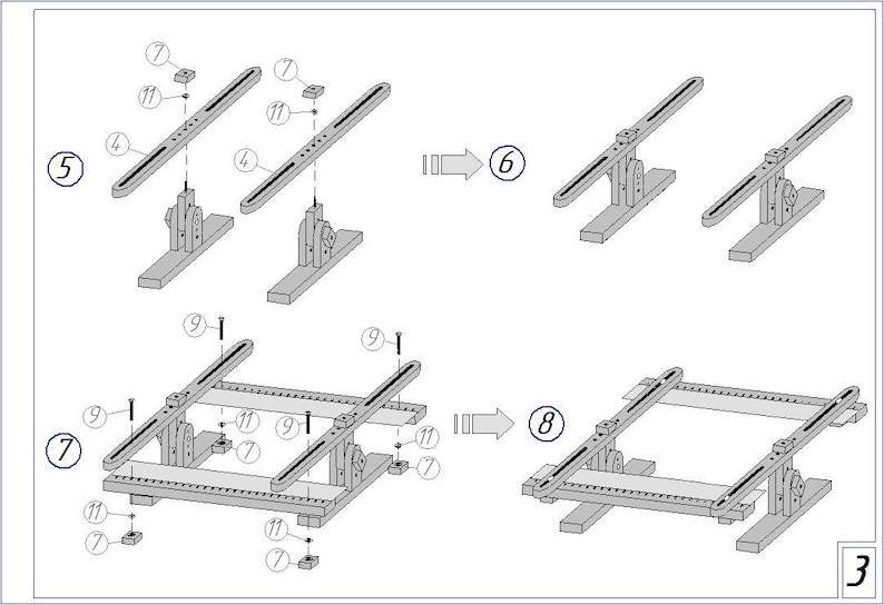 Op de afbeelding: Een diagram dat de stappen laat zien om een ​​houten frame in elkaar te zetten. Het diagram toont het frame in verschillende stadia van montage, met nummers die de volgorde van montage aangeven. Het frame is gemaakt van vier lange stukken hout en vier korte stukken hout. Het frame wordt gebruikt om een ​​stuk stof te ondersteunen.