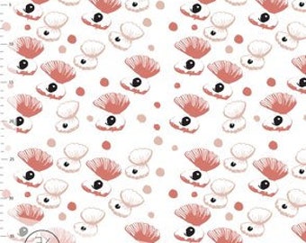 May include: A white background with a repeating pattern of pink and white seashells with black pearls inside. There are also small pink dots scattered throughout the pattern.