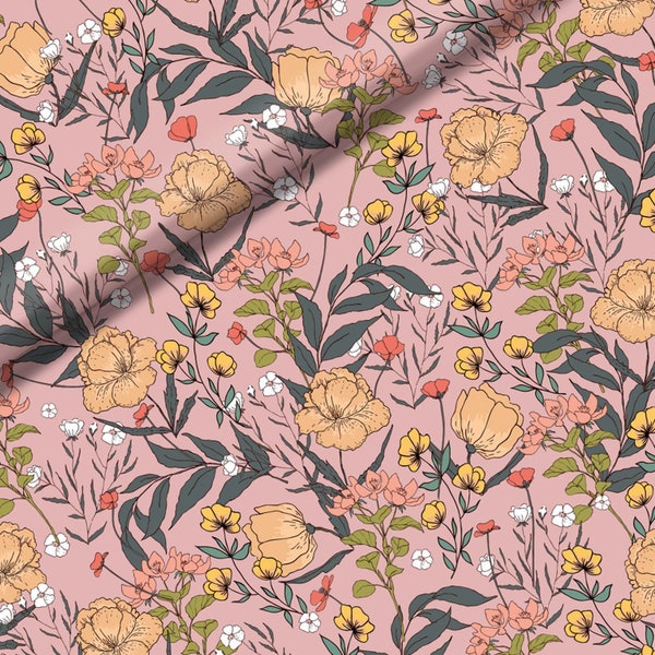 1/2 Yard French Terry,See you at six, Summer Flowers - Peachskin Pink