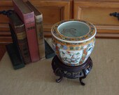 Vintage Chinese Famille Rose Medallion Fish Bowl Jardiniere Planter and Rosewood Stand