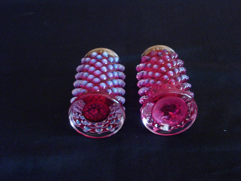 Pair Fenton Cranberry Opalescent Hobnail Salt and Pepper Shakers
