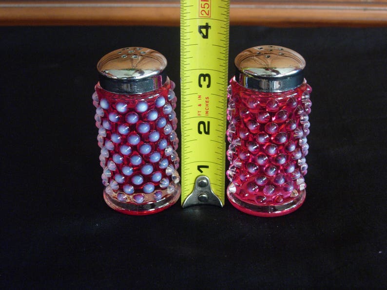 Pair Fenton Cranberry Opalescent Hobnail Salt and Pepper Shakers