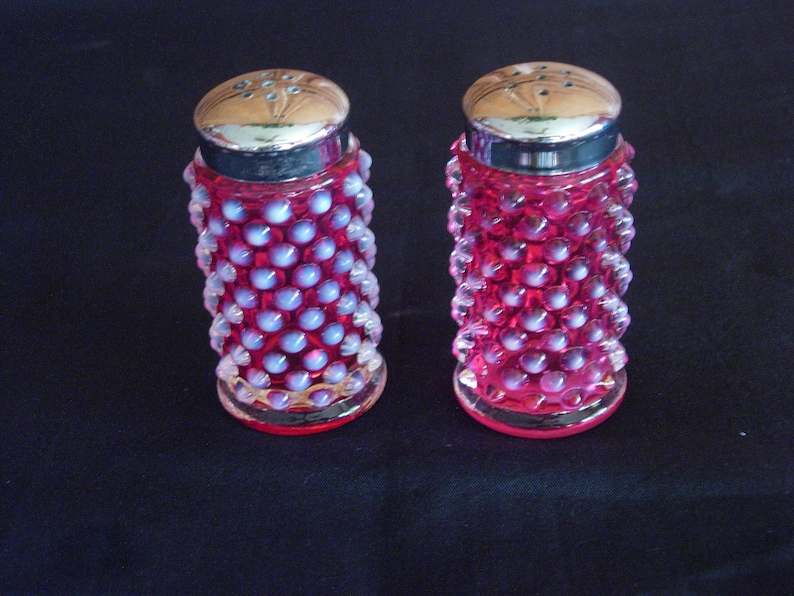 Pair Fenton Cranberry Opalescent Hobnail Salt and Pepper Shakers