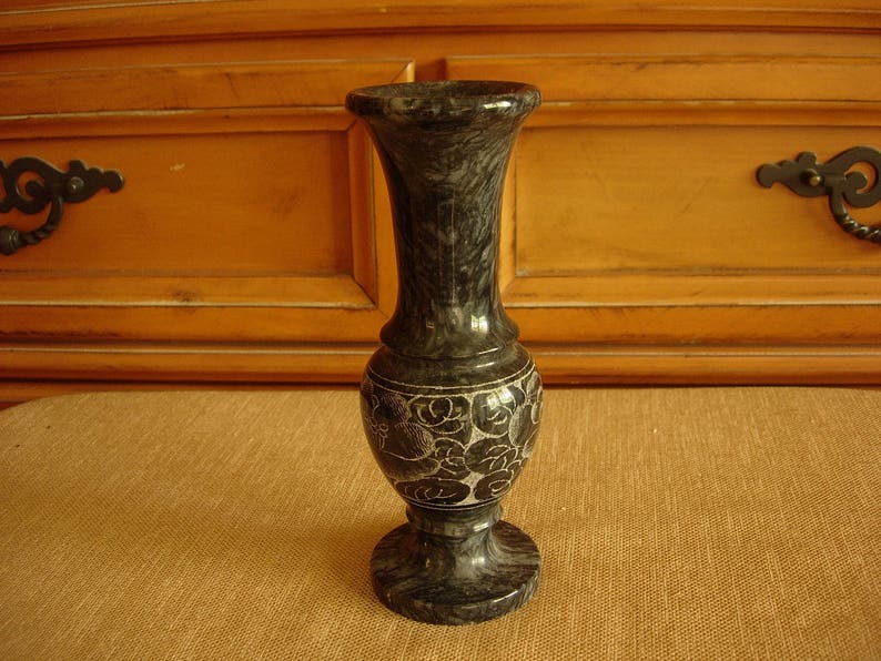 Heavy Hand Carved Marble Vase Black Made in Taiwan R.o.c Etsy