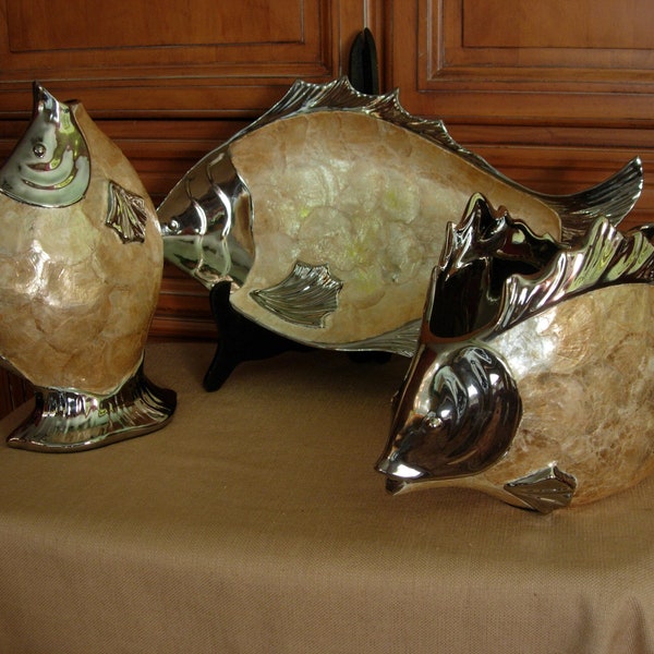 Capiz Shell and Chrome Metal Fish Shaped Platter and Vases