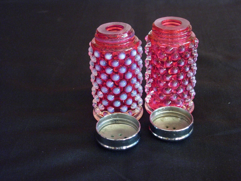 Pair Fenton Cranberry Opalescent Hobnail Salt and Pepper Shakers