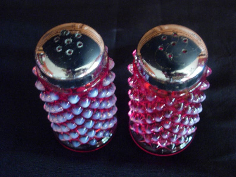 Pair Fenton Cranberry Opalescent Hobnail Salt and Pepper Shakers