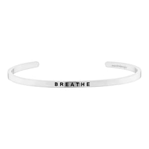 Breathe Bracelet, Inspirational Bracelet, Affirmation Jewelry, October Birthday, Mantra Bangle, Yoga Bracelet, Charm Bracelet, Open Cuff