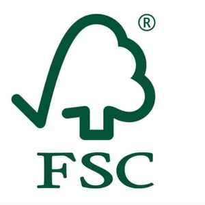 May include: The FSC logo features a green stylized tree with a checkmark in front of it. The text "FSC" is below the tree in all caps.
