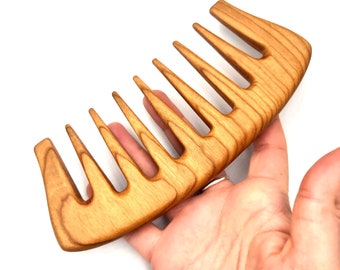 LARGE Wide Tooth Cherry Wood Comb for Curly Hair covered with Jojoba oil,  Natural Detangler for Short, Long, Frizzy, Wet, or Dry Curls