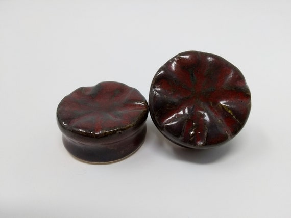 EARRINGS Gauged Flared - 30.5mm Ancient Jasper Cannabis Leaf - Handmade Ceramic #477