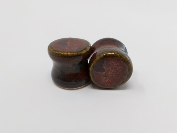 EARRINGS Gauged Flared - 14mm Ancient Jasper - Handmade Ceramic #501