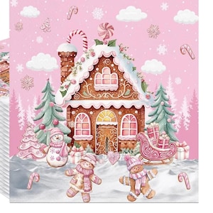May include: Pink Christmas-themed paper napkins featuring a gingerbread house, snowman, gingerbread people, and a sleigh filled with gifts. The design includes candy canes, snowflakes, and Christmas trees, creating a festive holiday scene.