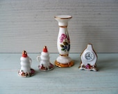 Vintage Miniature Doll 39 s House Ceramic Plant Pot Stand, Candle Snuffers and Mantle Clock