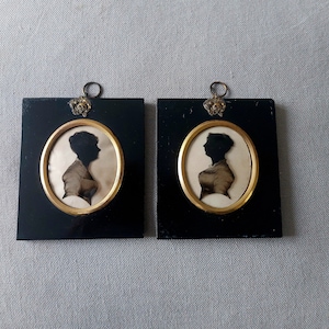 A Pair of Antique Georgian Silhouettes Portrait of Ladies 1805 Miniatures Painted on Glass