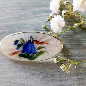 Vintage Norwegian Guilloche Enamel and Silver Brooch Bluebell Design by Opro Circa Mid Century