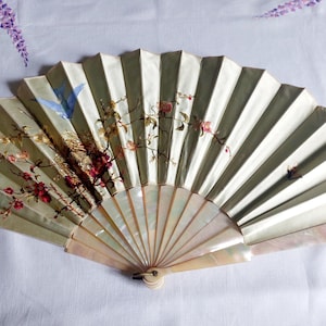 Original Antique Silk Satin Victorian Embroidered Fan Circa Mid 19th Century Hand Folding fan with Mother of Pearl