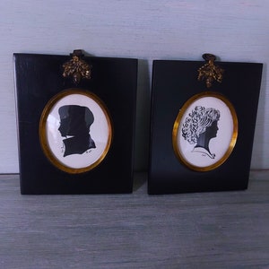Antique Pair of Ink Miniature Silhouette Portraits of a Gentleman and Lady