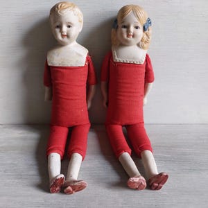 Antique Pair of Bisque Head Dolls Boy and Girl Circa 1870&#39;s Victorian Dolls