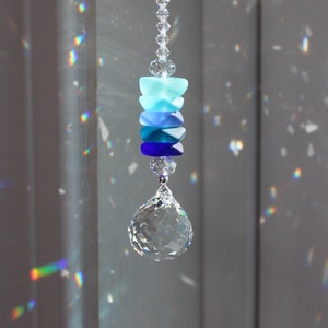 Sea Glass and Swarovski Crystal 20mm or 30mm Swirl Ball Sun Catcher w/ 5 Blues Sea Glass Stack, Rainbow Maker, Window Prism for Home or Car