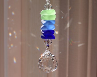 Sea Glass and Swarovski Crystal 20mm Swirl Ball Sun Catcher w/ Blue & Green Sea Glass Stack, Rainbow Maker, Window Prism
