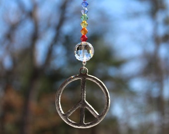 Pewter Peace Sign Sun Catcher made with Swarovski crystal - Choose your accent color!