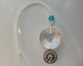 Swarovski Crystal Sun Prism Sun Catcher with Sun and Waves Charm, Rainbow Maker, Window Prism