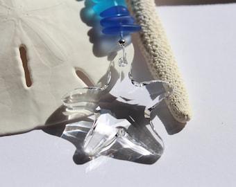 Sea Glass and Swarovski Crystal Starfish Sun Catcher w/ Sea Glass - 2 Sizes, Rainbow Maker, Window Prism for Home or Car