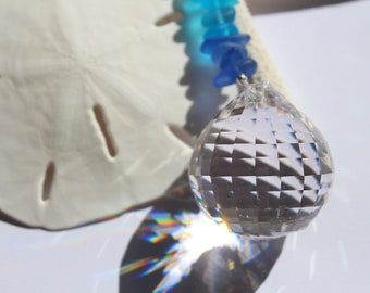 Sea Glass and Sparkles -  Crystal Ball Sun Catcher w/ Sea Glass and Swarovski  - 2 Sizes, Rainbow Maker, Window Prism for Home or Car