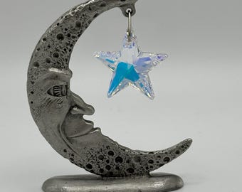 Pewter Moon Face with Swarovski Crystal Star Sun Catcher for Window Sill, Table Top