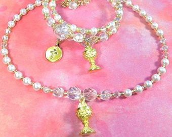 First Communion Swarovski Necklace and Bracelet Set Fits 14 Inches to 16 Inches  NK0158