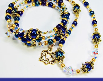 Necklace and Bracelet Set Featuring Swarovski Crystals with Blue Czech Beads and Gold Toho Accents  10-NK0195