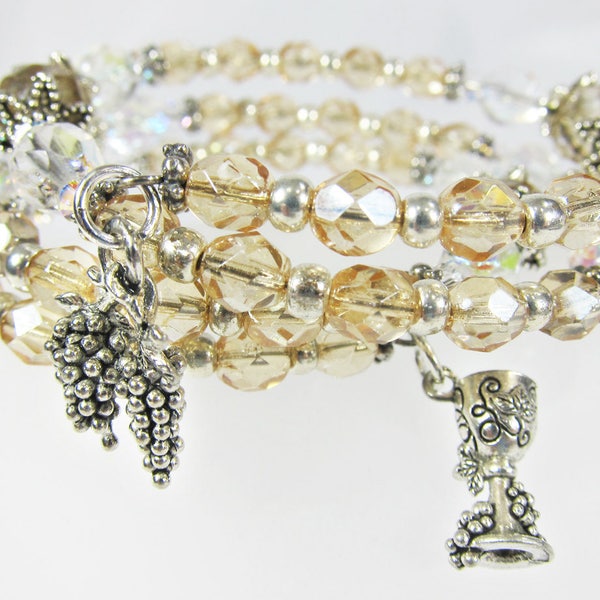 Wine Lover Champagne Czech Glass Wrap Bracelet with Pewter Wine Goblet and Grape Charms  BR0259