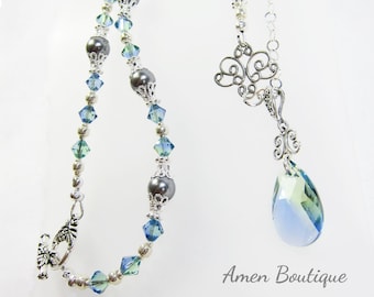 Swarovski Periwinkle-Mint Crystal Teardrop Pendant Necklace with Silver Filigree Accents and Faux Gray Pearls NK0131