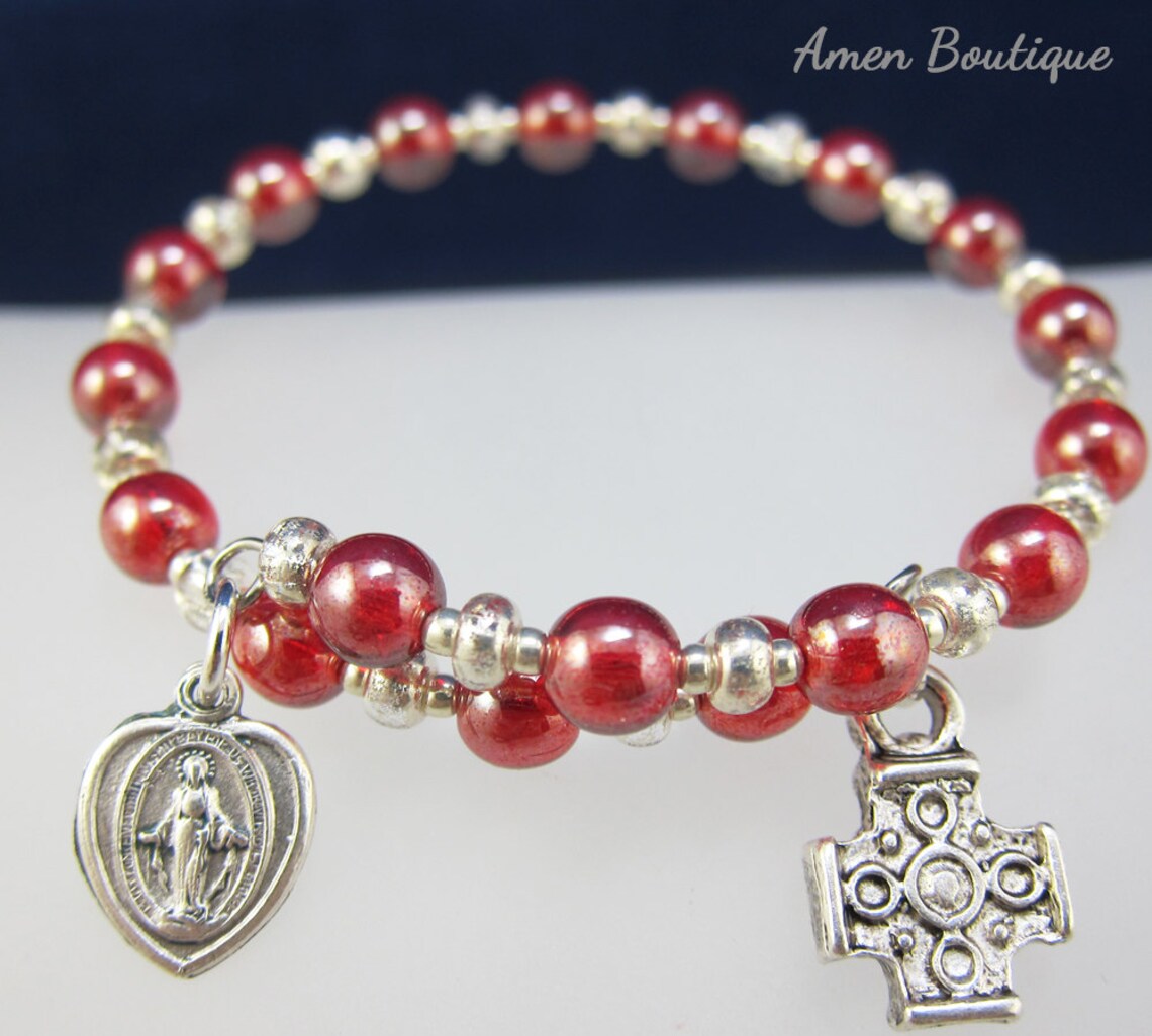 Ruby Red Czech Bead Christian Wrap Bracelet With a Miraculous Medal and