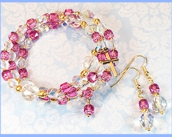 Pink Czech Bead Rosary Wrap Bracelet and Earrings Set   BR0422