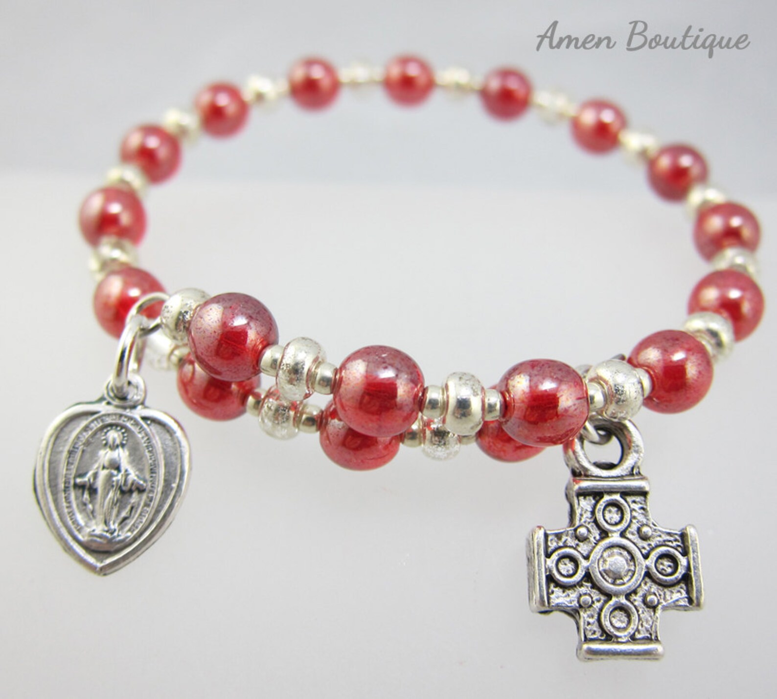 Ruby Red Czech Bead Christian Wrap Bracelet With a Miraculous Medal and