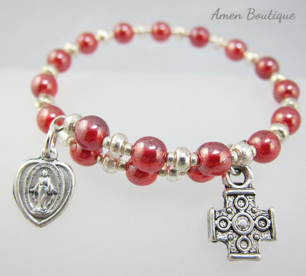 Ruby Red Czech Bead Christian Wrap Bracelet With a Miraculous Medal and