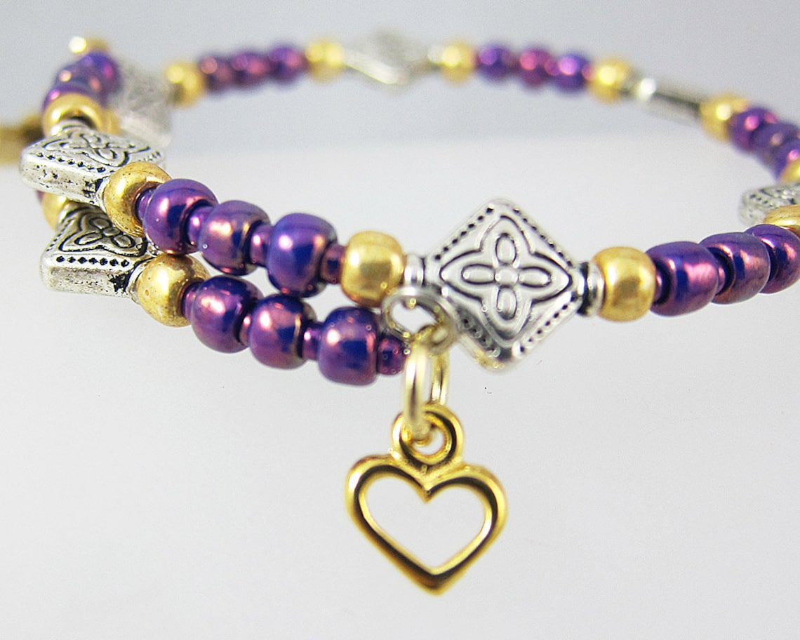 Purple Bead Wrap Bracelet With Goldplated Cross and Heart Charm BR0182