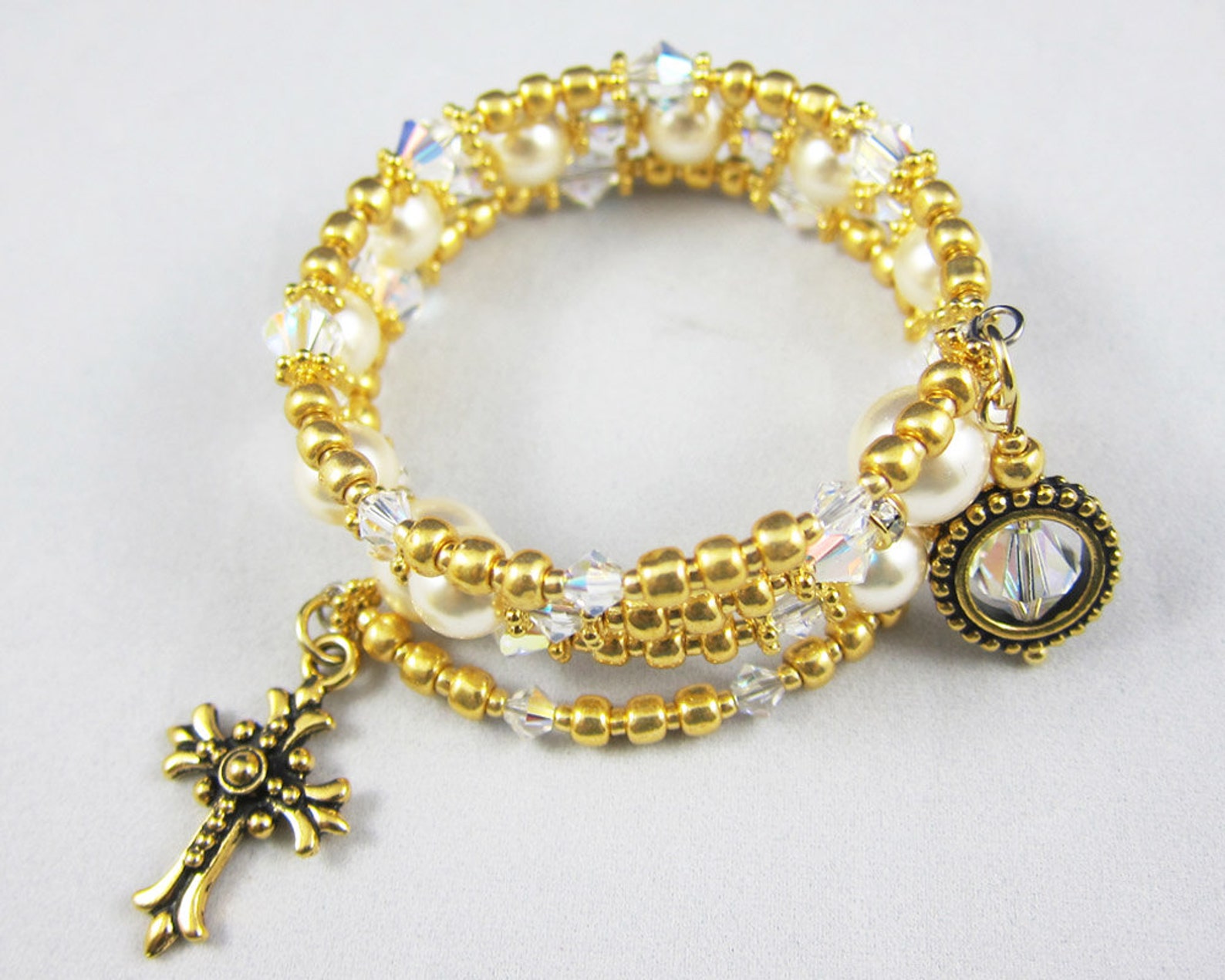 Golden Bead Rosary Wrap Bracelet With Faux Pearls and Fleur Cross ...