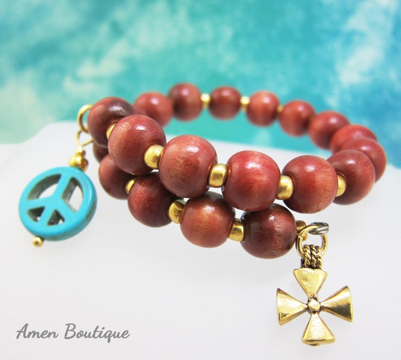 Peace Symbol With Wood Beads Christian Wrap Bracelet With Gold Etsy